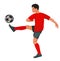 Vector isolated figure of an Asian junior football player in profile in a red shirt hitting the ball on a white