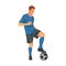 Vector isolated figure of a football player in blue sports uniform standing in a half-turn placing his foot on the ball