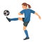 Vector isolated figure of a junior women& x27;s football girl player in profile in blue shirt hitting the ball on a white