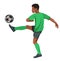 Vector isolated figure of a Nigerian football boy player in profile in a green shirt hitting the ball on a white