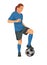 Vector isolated figure of a women\'s football player in blue t-shirt standing in a half-turn placing her foot on the ball