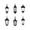 Vector isolated icon of english hanging lanterns silhouettes. Collection of six black signs of classical lamps