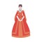 Vector isolated illustration of medieval beautiful queen, duchess in a red luxurious outfit, dress and jewelry