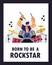 Vector isolated illustration of Rock band drummer raised hands up in disproportionate characters. Born to be a rockstar
