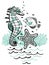 Vector isolated illustration of sea horse, starfish, fishes, corals and waves.