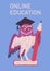 Vector isolated illustration of smart owl teacher with a graduation cap holds a pencil stands on a book, online