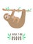 Vector isolated image of a cute sloth hugs baby on the branch. Hand-drawn cartoon illustration for child, tropical summer, holiday