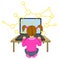 A vector isolated image of a girl sitting at the desk and coding on the laptop making a block chain.