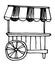 Vector isolated street mobile trolley with striped canopy and wheel, hand-drawn sketch style black outline on white background for