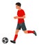 Vector isolated Thai boy figure of a school football player in red sports equipment in profile runs after the ball