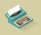 Vector isometric aquamarine typewriter with white buttons made in soft retro colors.