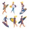 Vector isometric collection with walking people holding with surfboards and training on surf 3d surfer characters isolated on