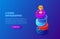 Vector isometric cylinders with people and gold cup for start up infographic on a dark blue background. Growth concept