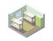 Vector Isometric illustration of hostel room. cheap hotel icon