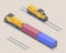 Vector isometric illustration of yellow cargo train with red and blue containers. Railroad elements. Front and back of locomotive.