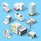 Vector isometric illustrations of hypermarket, bank and other service and municipal buildings