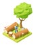 Vector isometric lumberjack cutting tree with chainsaw