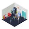 Vector isometric office lobby with security. Business people meet in lobby