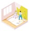 Vector isometric painter painting room wall