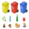 Vector isometric set of waste sorting cans.