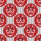 Vector Japanese drama Kabuki face seamless pattern background. Black and white theatre mask in red circles on striped