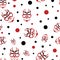 Vector Japanese drama Kabuki face seamless pattern background. Red and black theatre masks and circles on white backdrop