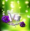 Vector jars on a green background with violets and bokeh. Eleme