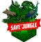 Vector jungle rainforest emblem with Green peafowl, North Sulawesi babirusa and butterflies
