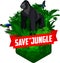 Vector jungle rainforest emblem with male gorilla, Hartlaub`s turaco and broadly green-banded swallowtail butterfly