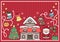 Vector kawaii Christmas background with cute house, Santa Claus, snowflakes. Funny winter holiday card or activity book cover with