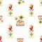 Vector Kawaii honey bee with sunflower, tulips in aztec motif flower pots on honeycomb background. Seamless pattern