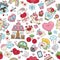 Vector kawaii Saint Valentine seamless pattern for kids. Cute cartoon repeat background. Traditional love holiday symbols digital