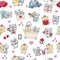 Vector kawaii Saint Valentine seamless pattern for kids. Cute cartoon repeat background. Traditional love holiday symbols digital