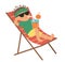 Vector kid relaxing on a deck chair and drinking lemonade. Child doing beach activity. Cute boy isolated on white background. Fun