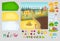 Vector kids cartoon constructor gardening and agriculture in different seasons. Farm background with icons set of rural tools,
