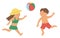 Vector kids playing ball in swimsuits. Children doing beach activity. Cute boy and girl having fun on the seashore. Funny summer