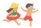 Vector kids running to the sea. Children doing beach activity. Cute boy and girl with diving mask, snorkel and inflatable ring.