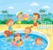 Vector kids in swimming pool swimming and jumping from diving platform