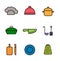 Vector kitchen, restaurant and culinary icons. Chef cap, cloche, pan, knife, laddle, grating board, saucepan, plate