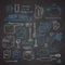 Vector kitchen utensils doodle icons set on black chalkboard background illustration