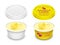 Vector labeled plastic round container with butter curl or roll. Packaging mockup illustration