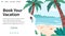 Vector landing page with summer landscape. Concept of traveling, booking hotel, vacation.