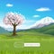 Vector landscape with blooming tree, mountains, blue sky, clouds and green grass