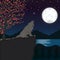 Vector landscape illust. Wolf on the top of rock cliff,the river view, dark sky and stars