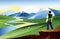 Vector landscape illustration with mountains. Traveler and river view.