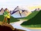 Vector landscape illustration with mountains. Travelers man and woman watching river view.
