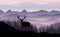 Vector landscape with misty mountains, forest and silhouette of deer