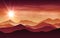 Vector landscape with red, purple and orange silhouettes of hills and mountains and sunset sky with light rays and clouds