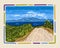 Vector landscape with simple frame. Seashore. Summertime. Road to the sea.