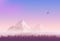 Vector landscape. Snowy mountains, gradient sunset sky and the pine forest.